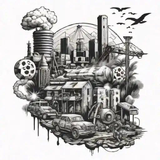 A post-apocalyptic scene inspired by Fallout New Vegas featuring iconic landmarks and characters tattoo design idea