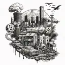 A post-apocalyptic scene inspired by Fallout New Vegas featuring iconic landmarks and characters tattoo design idea