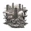 A post-apocalyptic scene inspired by Fallout New Vegas featuring iconic landmarks and characters tattoo design idea