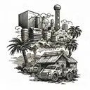 A post-apocalyptic scene inspired by Fallout New Vegas featuring iconic landmarks and characters tattoo design idea