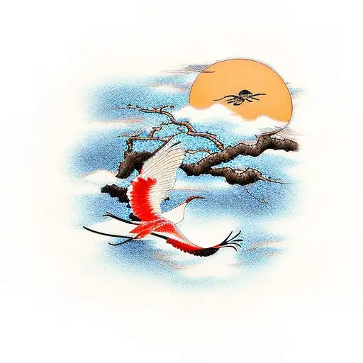 A traditional Japanese crane gracefully perched on a branch as the sun rises in the background tattoo design idea