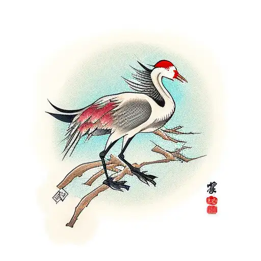 A traditional Japanese crane gracefully perched on a branch as the sun rises in the background tattoo design idea