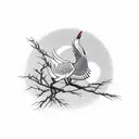 A traditional Japanese crane gracefully perched on a branch as the sun rises in the background tattoo design idea