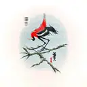 A traditional Japanese crane gracefully perched on a branch as the sun rises in the background tattoo design idea