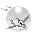 A traditional Japanese crane gracefully perched on a branch as the sun rises in the background tattoo design idea