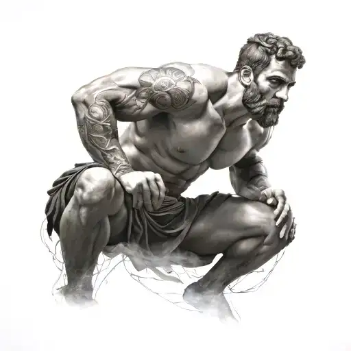 full body Greek male with muscular build with stoic virtues symbols in the background  tattoo design idea