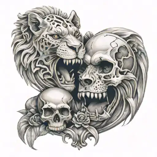 2 skulls kissing each other in a miror sitting in a lion tattoo design idea