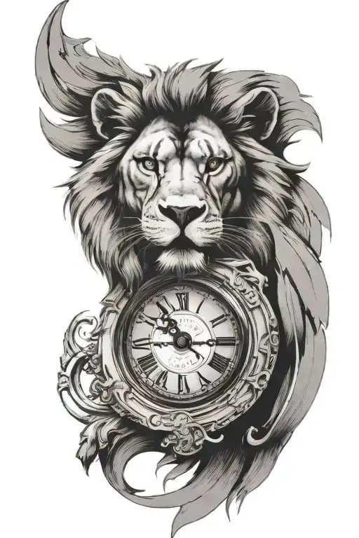 a tilted clock with Roman numerals from which a lion's head emerges with its mouth open tattoo design idea