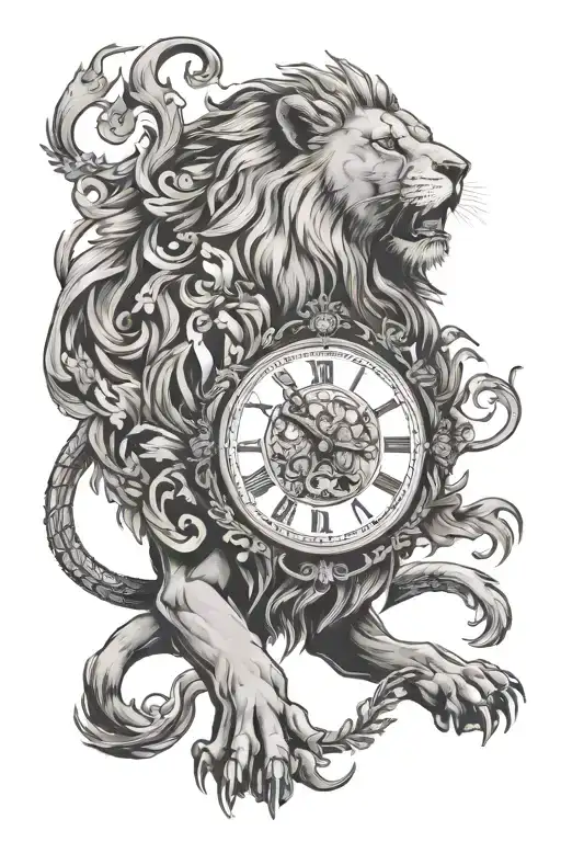 a clock and a lion tattoo design idea