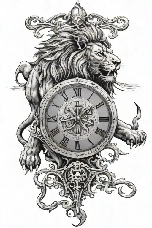 a clock with Roman numerals from which a lion's head emerges with its mouth open tattoo design idea