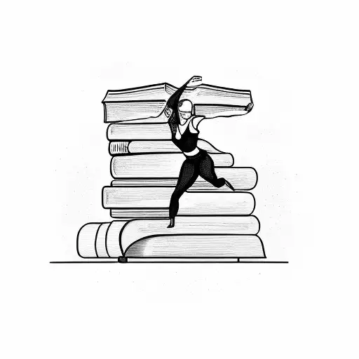 A dancer gracefully leaping over a stack of books with a pen and paper nearby tattoo design idea