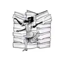 A dancer gracefully leaping over a stack of books with a pen and paper nearby tattoo design idea