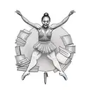 A dancer gracefully leaping over a stack of books with a pen and paper nearby tattoo design idea