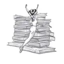 A dancer gracefully leaping over a stack of books with a pen and paper nearby tattoo design idea