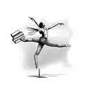 A dancer gracefully leaping over a stack of books with a pen and paper nearby tattoo design idea