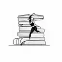 A dancer gracefully leaping over a stack of books with a pen and paper nearby tattoo design idea