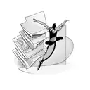 A dancer gracefully leaping over a stack of books with a pen and paper nearby tattoo design idea