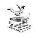 A dancer gracefully leaping over a stack of books with a pen and paper nearby tattoo design idea
