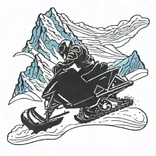 A blackwork tattoo of a snowmobiler performing a daring trick on their Polaris snowmobile against a backdrop of snow-capped mountains tattoo design idea