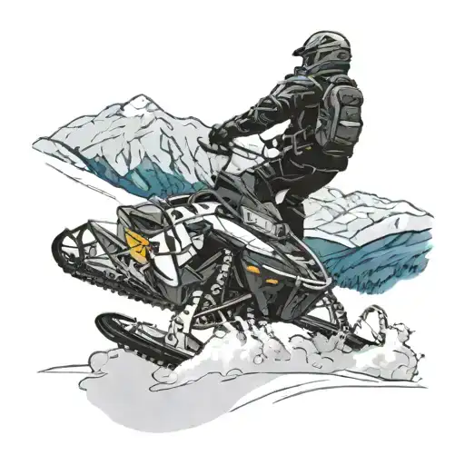 A blackwork tattoo of a snowmobiler performing a daring trick on their Polaris snowmobile against a backdrop of snow-capped mountains tattoo design idea