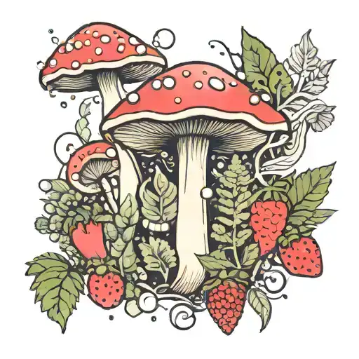 mushrooms, ferns, crystals and strawberries and witchy vibes  tattoo design idea