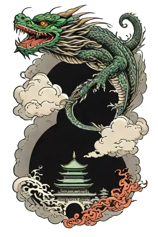 dragons flying through clouds and japanese temple surrounded tattoo design idea