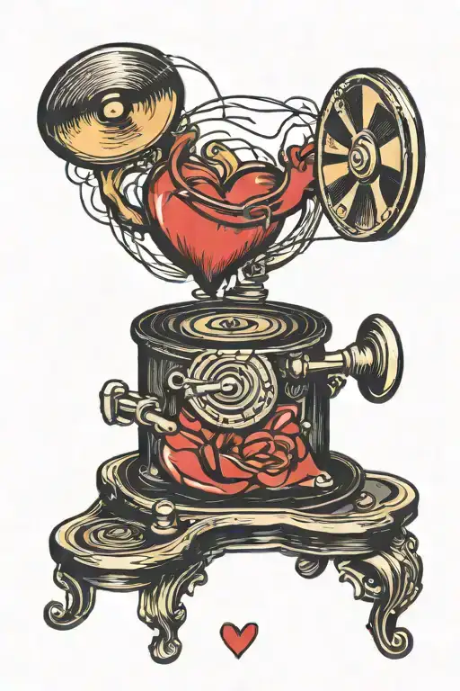 heart connected to a record player tattoo design idea