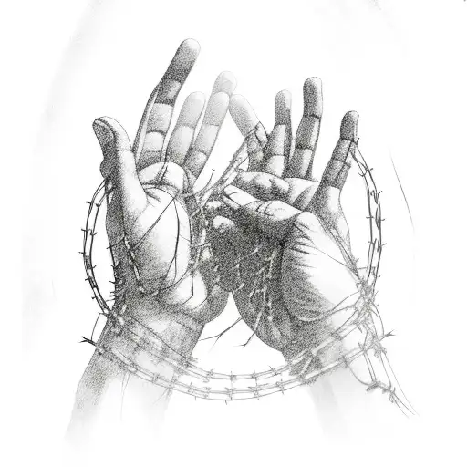 praying hands with barbed wire wrapping around  tattoo design idea