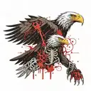 An eagle holding a skeleton and next to them a ninja with a sword and a dragon tattoo design idea