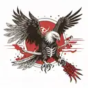 An eagle holding a skeleton and next to them a ninja with a sword and a dragon tattoo design idea