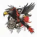 An eagle holding a skeleton and next to them a ninja with a sword and a dragon tattoo design idea