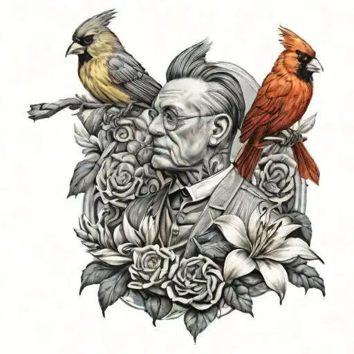 A realistic portrait of a clerk with two cardinals perched on their shoulders, surrounded by lilies and sunflowers tattoo design idea