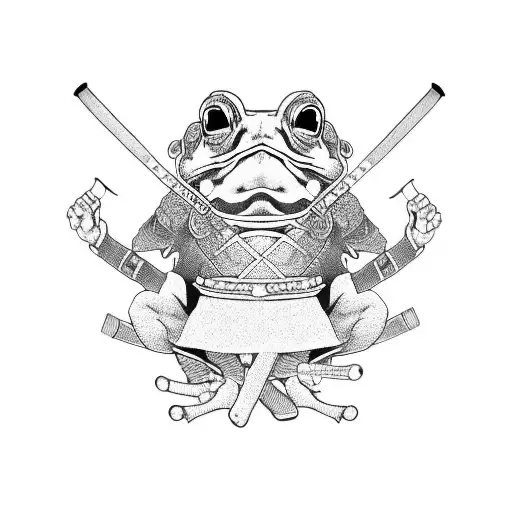 samurai frog, wearing a straw hat, katana sword in each hand. Sitting on a lotus  tattoo design idea