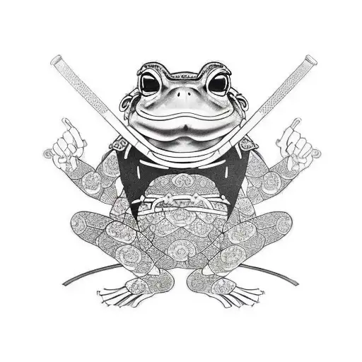 samurai frog, wearing a straw hat, katana sword in each hand. Sitting on a lotus  tattoo design idea