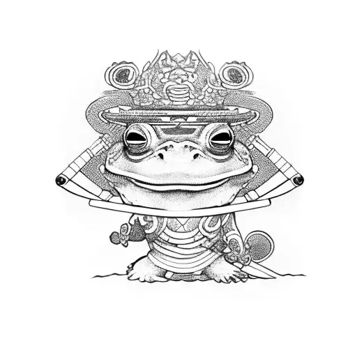 samurai frog, waering a straw hat, katana sword in each hand. Sitting on a lotus  tattoo design idea