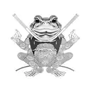 samurai frog, wearing a straw hat, katana sword in each hand. Sitting on a lotus  tattoo design idea