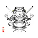 samurai frog, wearing a straw hat, katana sword in each hand. Sitting on a lotus  tattoo design idea