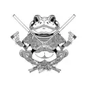 samurai frog, wearing a straw hat, katana sword in each hand. Sitting on a lotus  tattoo design idea