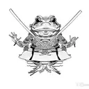 samurai frog, wearing a straw hat, katana sword in each hand. Sitting on a lotus  tattoo design idea