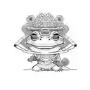 samurai frog, waering a straw hat, katana sword in each hand. Sitting on a lotus  tattoo design idea