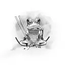 samurai frog, waering a straw hat, katana sword in each hand. Sitting on a lotus  tattoo design idea