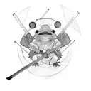 samurai frog, waering a straw hat, katana sword in each hand. Sitting on a lotus  tattoo design idea