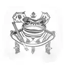 samurai frog, waering a straw hat, katana sword in each hand. Sitting on a lotus  tattoo design idea