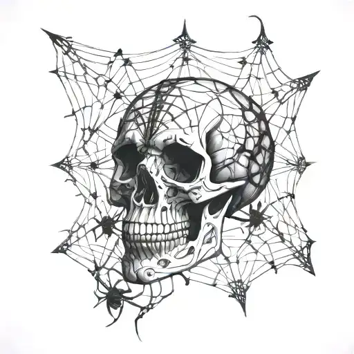 A skull with intricate spider webs and wasps surrounding it tattoo design idea