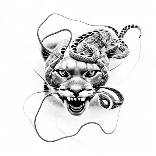 climbing puma tangled by snake tattoo design idea
