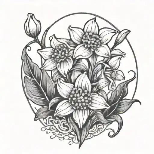 a black and white line art tatto with a daisy, lilly of the valley and two narcissus flowers  tattoo design idea