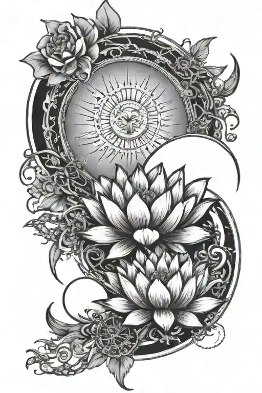 Extended black tattoo with lotus, moon, sun, freedom and acceptance tattoo design idea