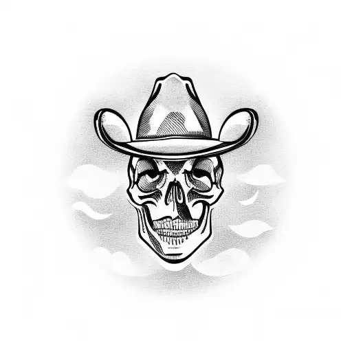A skull wearing a cowboy hat playing a guitar in front of a lighthouse tattoo design idea