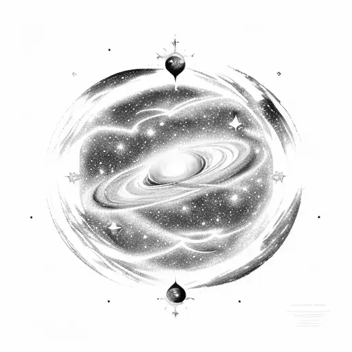 cosmic-themed, celestial scene featuring elements like planets, stars, galaxies, or nebulae. tattoo design idea