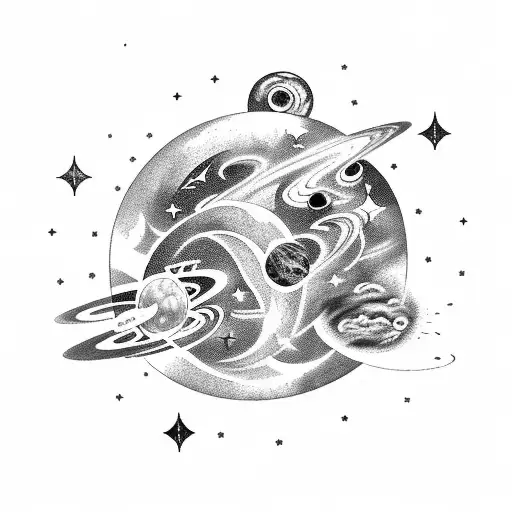 cosmic-themed, celestial scene featuring elements like planets, stars, galaxies, or nebulae. incorporate zodiac gemini tattoo design idea